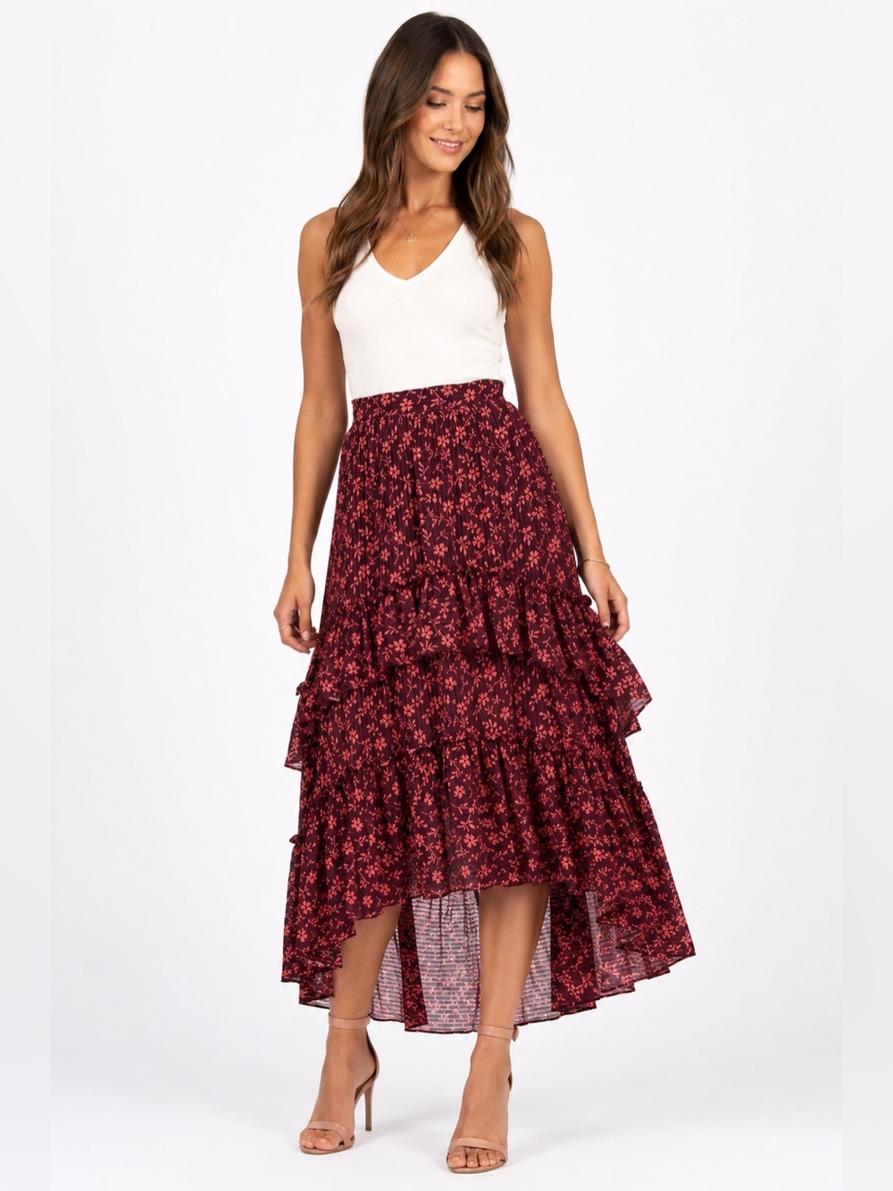 Ulla Johnson Maria High Low Tiered Ruffle Midi Skirt Size 6 Red Floral Print